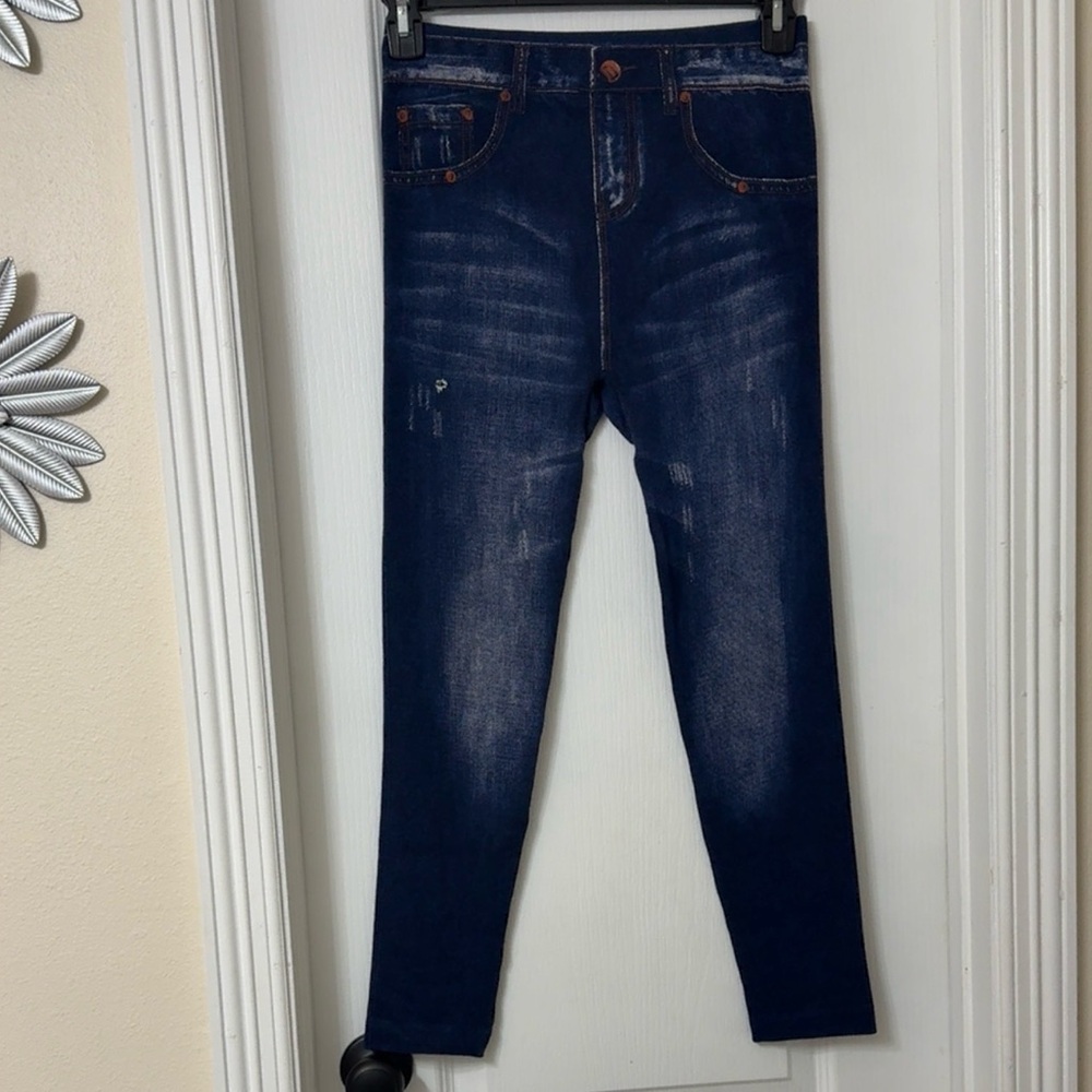 Eye Candy Dark Blue Women's Denim Print Fake Faux Jeans Leggings 1X/2X